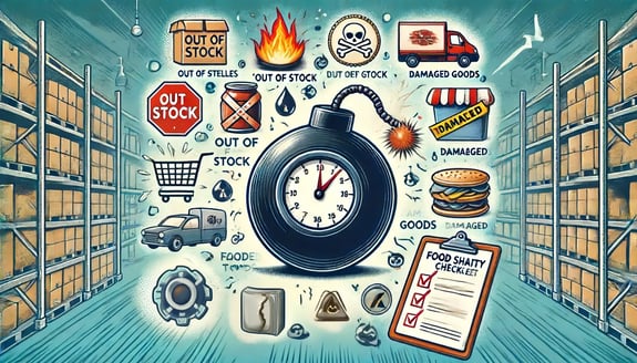 DALL·E 2024-06-13 13.51.21 - An illustration showing various elements related to the food and beverage industry with a ticking time bomb in the center. Around the bomb, depict ico