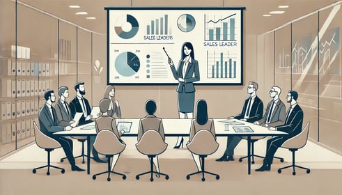 business board meeting with a woman sales leader presenting key metrics